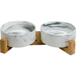 Gamelle Double En Céramique Blanc Marbré Avec Support En Bambou 2x400ml - Animal Boulevard