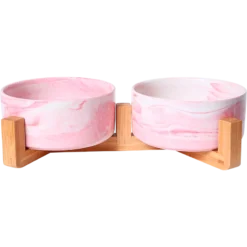 Gamelle Double En Céramique Rose Marbré Avec Support En Bambou 2x850ml - Animal Boulevard