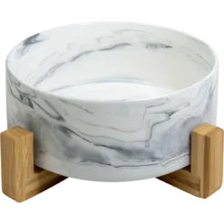 Gamelle En Céramique Blanc Marbré Avec Support En Bambou 1800ml - Animal Boulevard